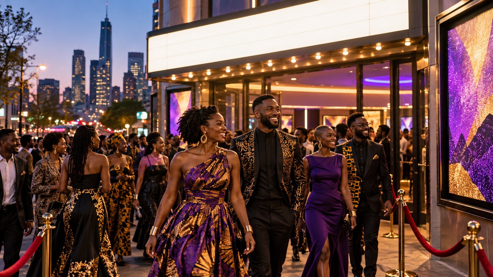 AI reconstruction: a joyful, diverse crowd entering a movie theater for an Afrofuturist superhero premiere, with no logos or character costumes.