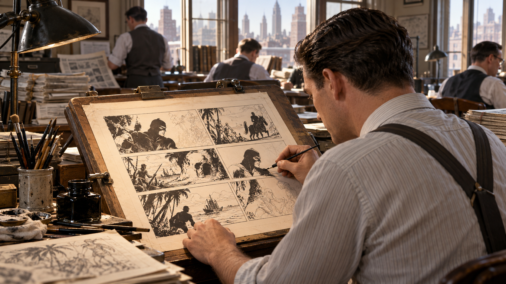 AI reconstruction: a 1930s newspaper artist drawing a generic masked jungle adventurer at an ink-covered desk, with no copyrighted insignia.