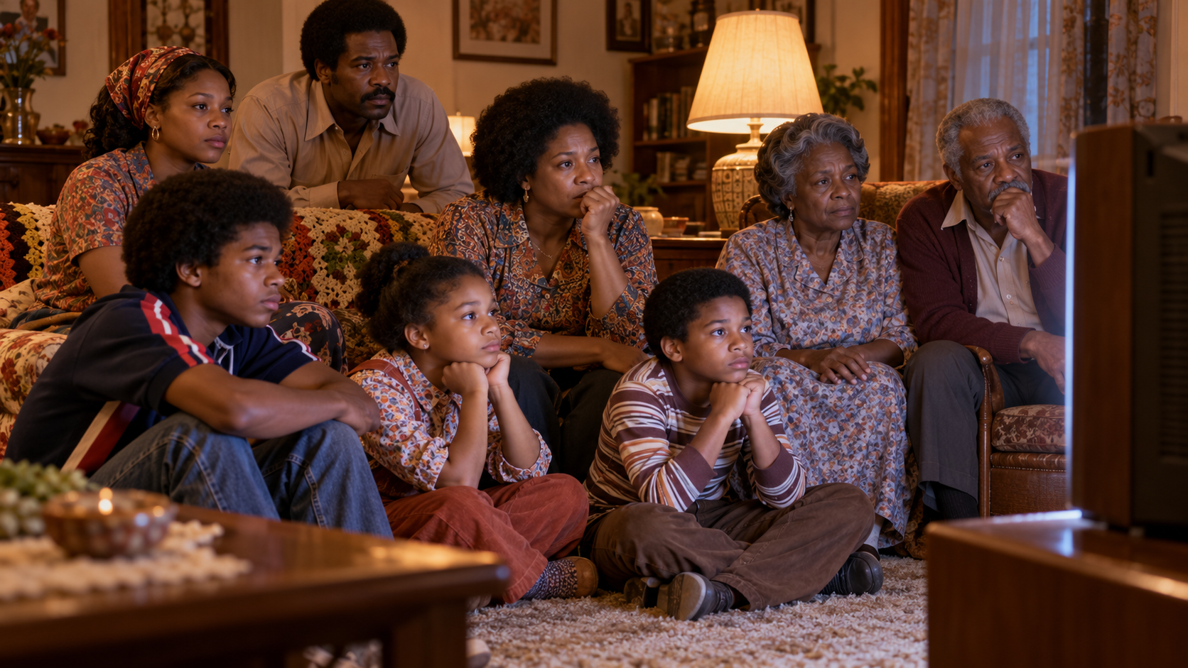 AI reconstruction: an American family across several generations gathering around photographs in a late-1970s living room, without recognizable actors.