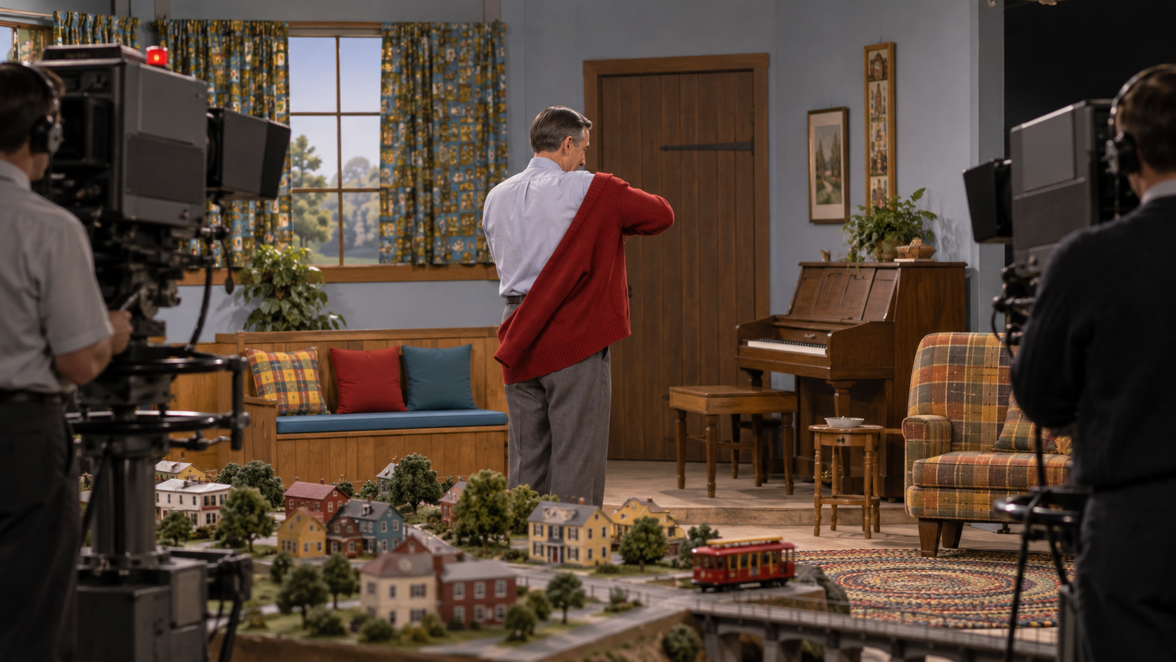 AI reconstruction: a gentle 1960s children’s television host speaking to a studio camera on a welcoming living-room set, without recognizable likeness.