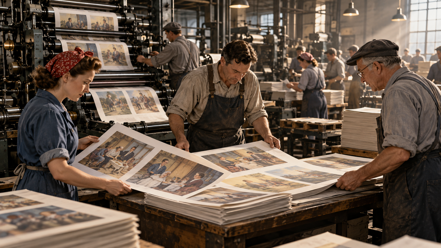 AI reconstruction: a 1943 magazine art studio with four generic civic-life paintings on easels, avoiding any direct recreation of copyrighted compositions.