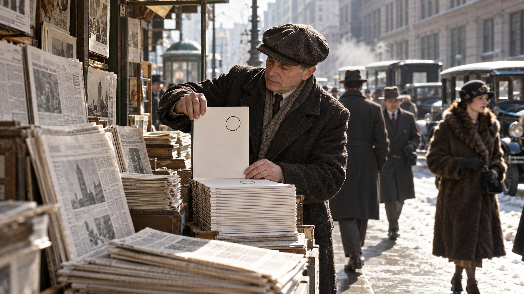 AI reconstruction: a 1925 Manhattan newsstand displaying a generic sophisticated culture magazine with an unreadable cover and no logos.