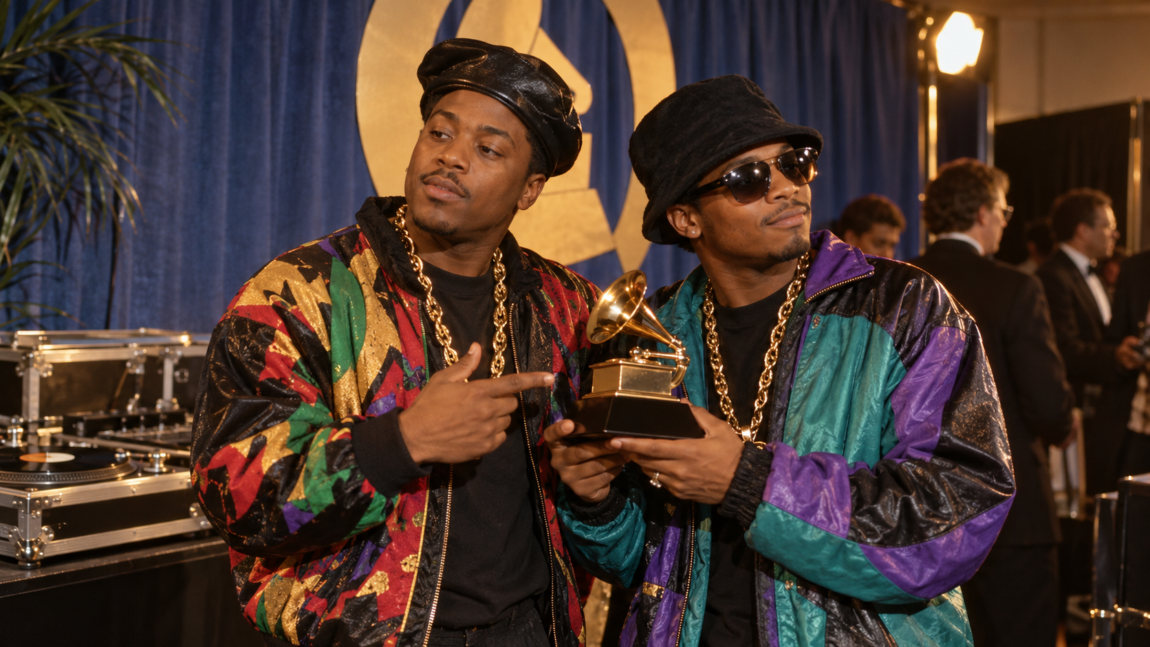 AI reconstruction: two late-1980s hip-hop performers celebrating backstage at an awards ceremony, with a generic gramophone trophy and no likenesses.
