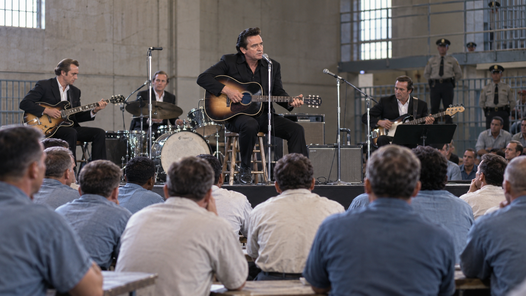 AI reconstruction: a black-clad country singer performing for inmates in a 1969 prison hall, photographed from behind without recognizable likeness.
