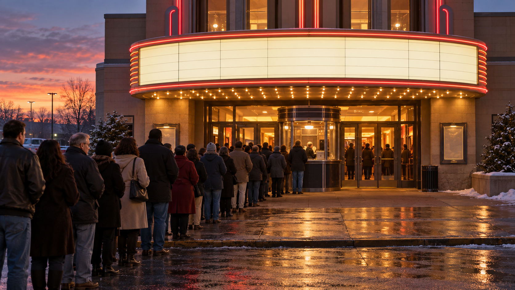 AI reconstruction: a winter 2004 crowd lining up outside a movie theater with a blank marquee, photographed respectfully without logos or film imagery.