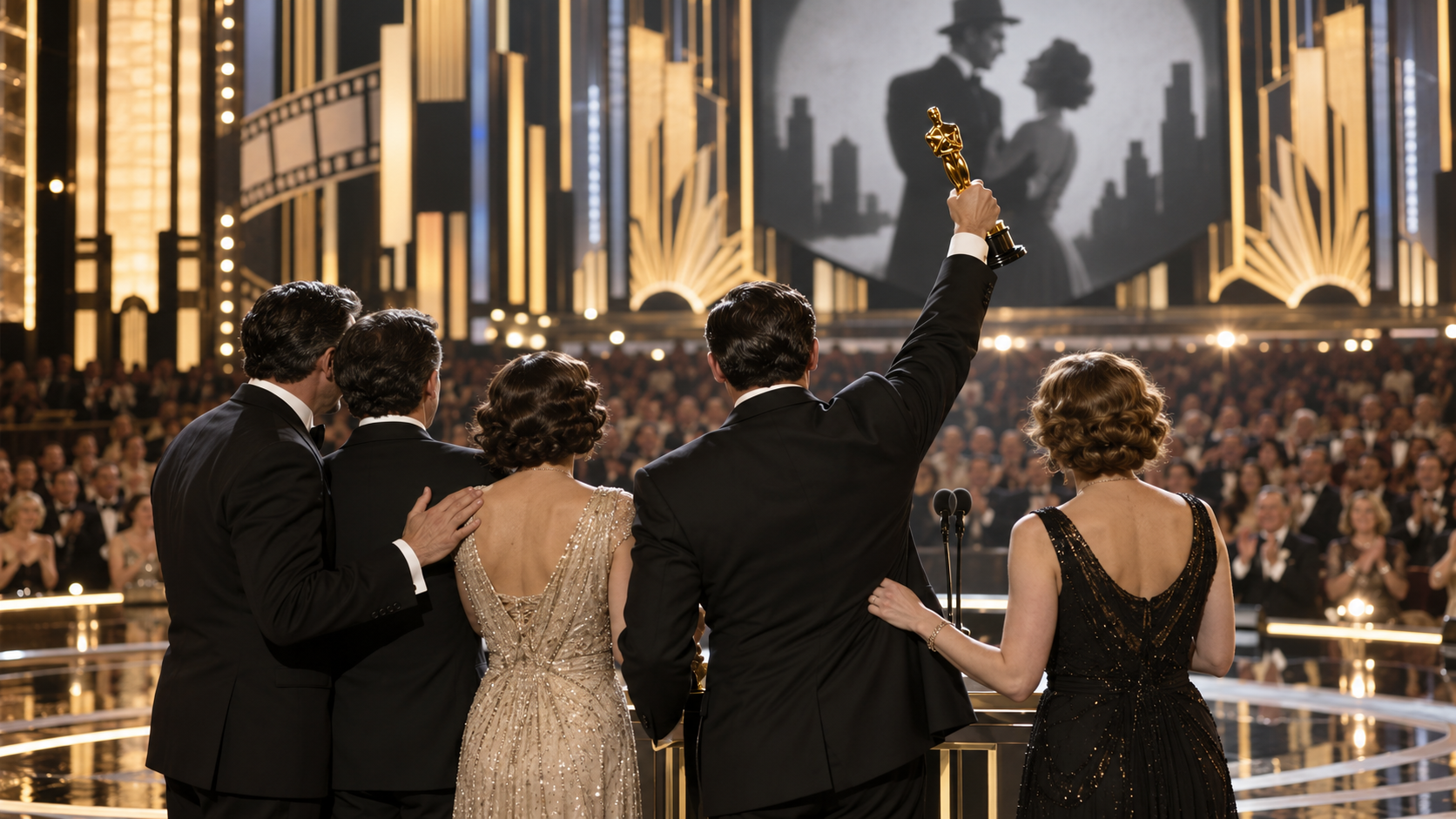AI reconstruction: a film team celebrating at a glamorous awards podium with a generic statuette and silent-film imagery in the background, no likenesses or logos.