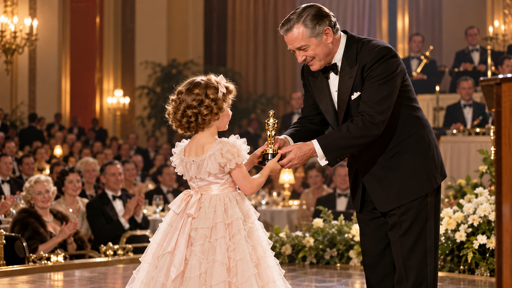 AI reconstruction: a six-year-old 1930s child performer receiving a small honorary trophy at a formal banquet, with no exact likeness.