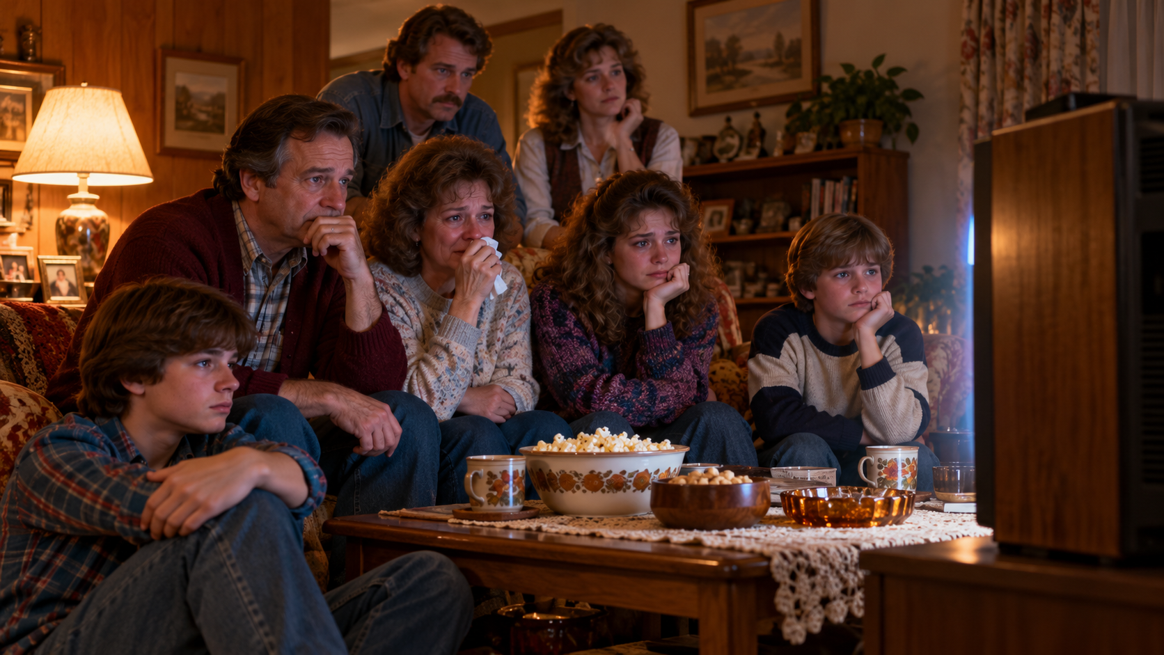 AI reconstruction: an American family watching an emotional television finale together in a warmly lit 1983 living room, with no screen imagery visible.