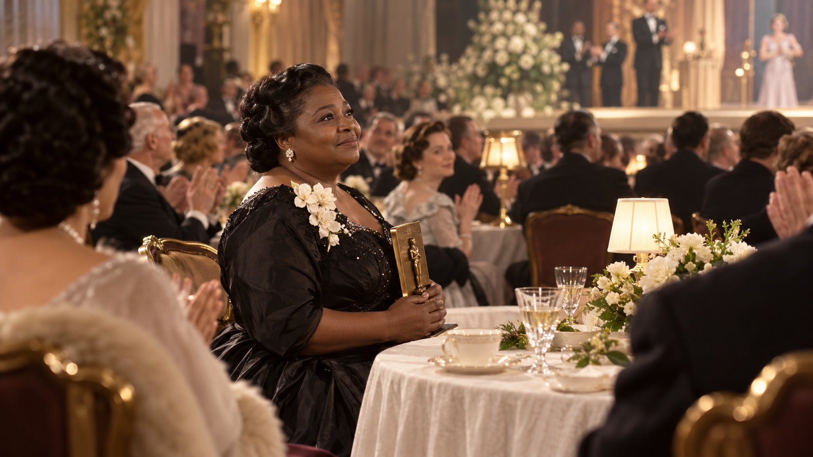 AI reconstruction: an elegant Black actress at a 1940 awards banquet holding a plaque-style honor at a side table, with no exact likeness or logos.