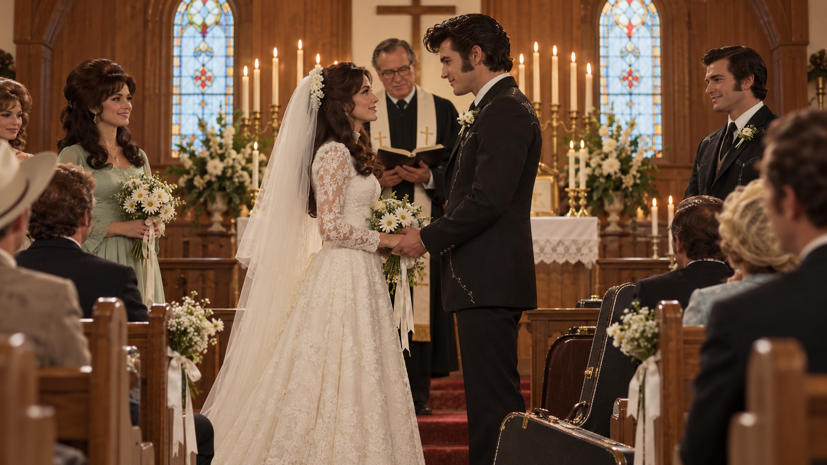 AI reconstruction: Johnny Cash and June Carter exchange vows in a warm 1968 Kentucky church wedding scene, cinematic 16:9.
