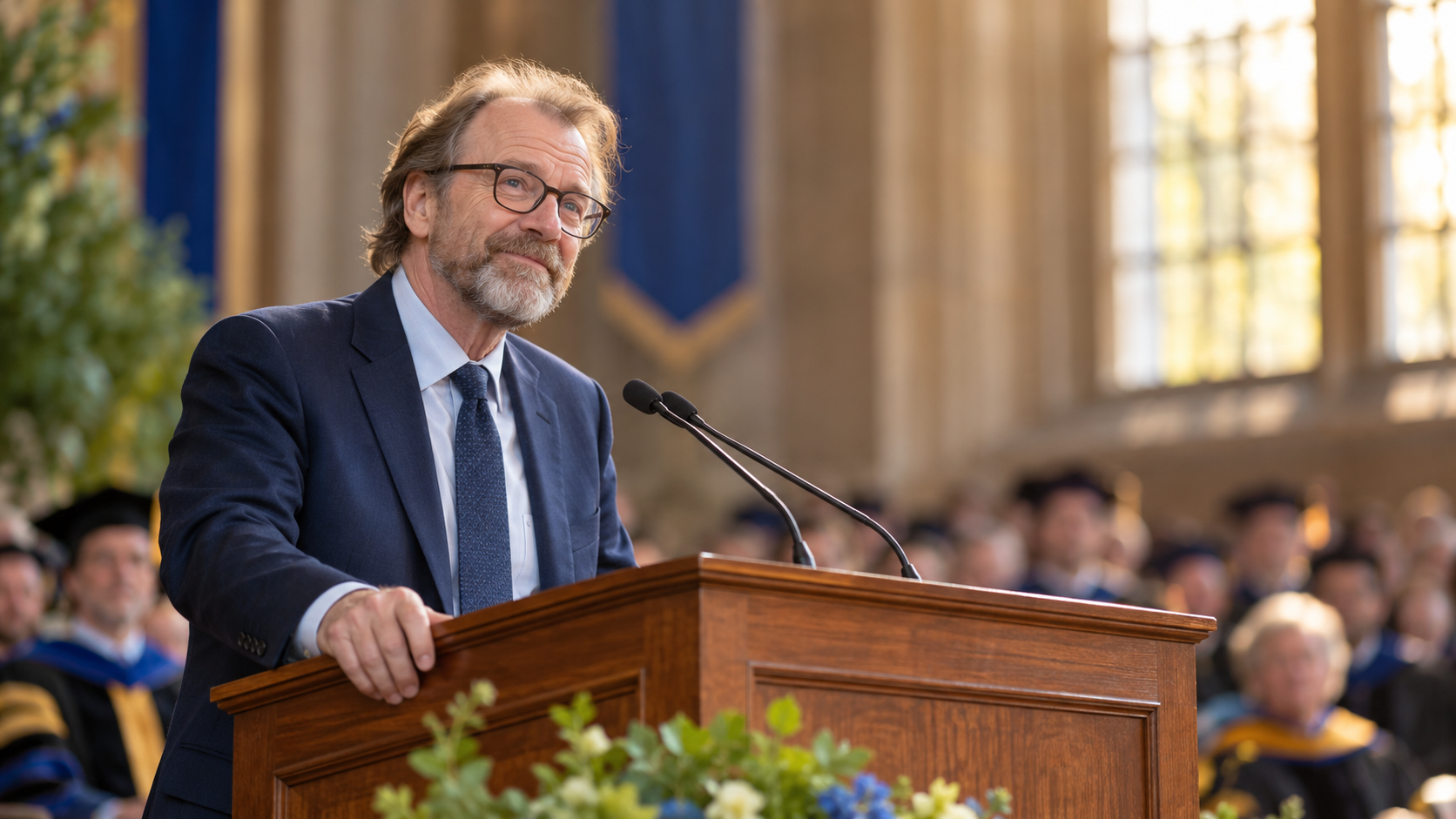AI-generated editorial portrait of George Saunders delivering a thoughtful college commencement address.
