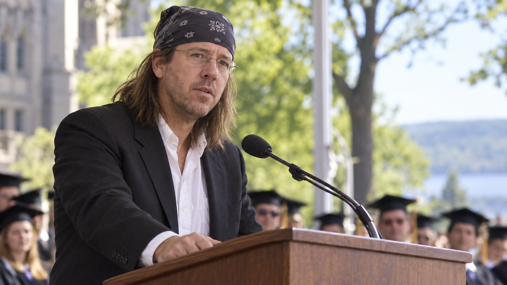 AI-generated editorial portrait of David Foster Wallace speaking at a 2005 college commencement.