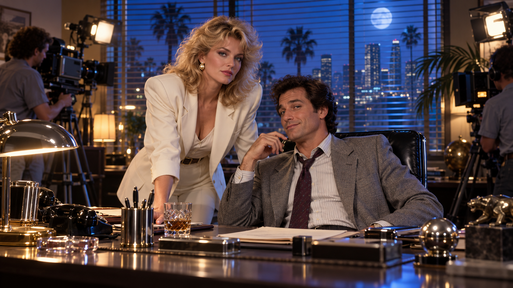 AI reconstruction: a witty detective duo trade banter in a stylish blue-lit 1985 Los Angeles office, cinematic 16:9.