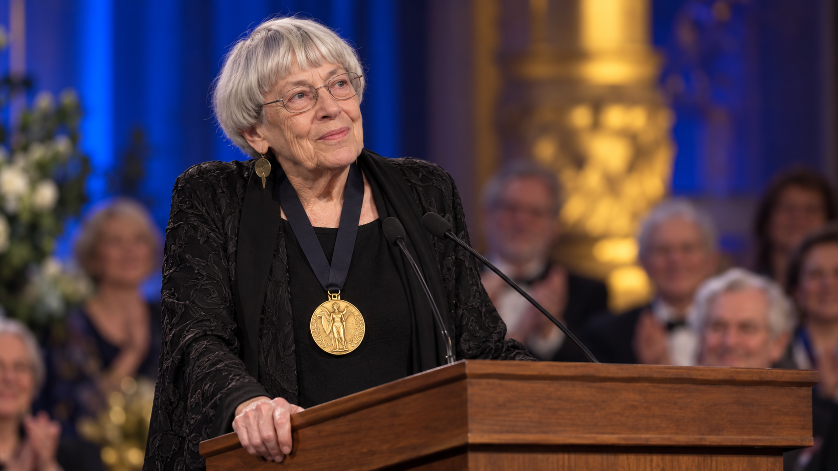 AI-generated editorial portrait of Ursula K. Le Guin accepting a literary lifetime achievement award.