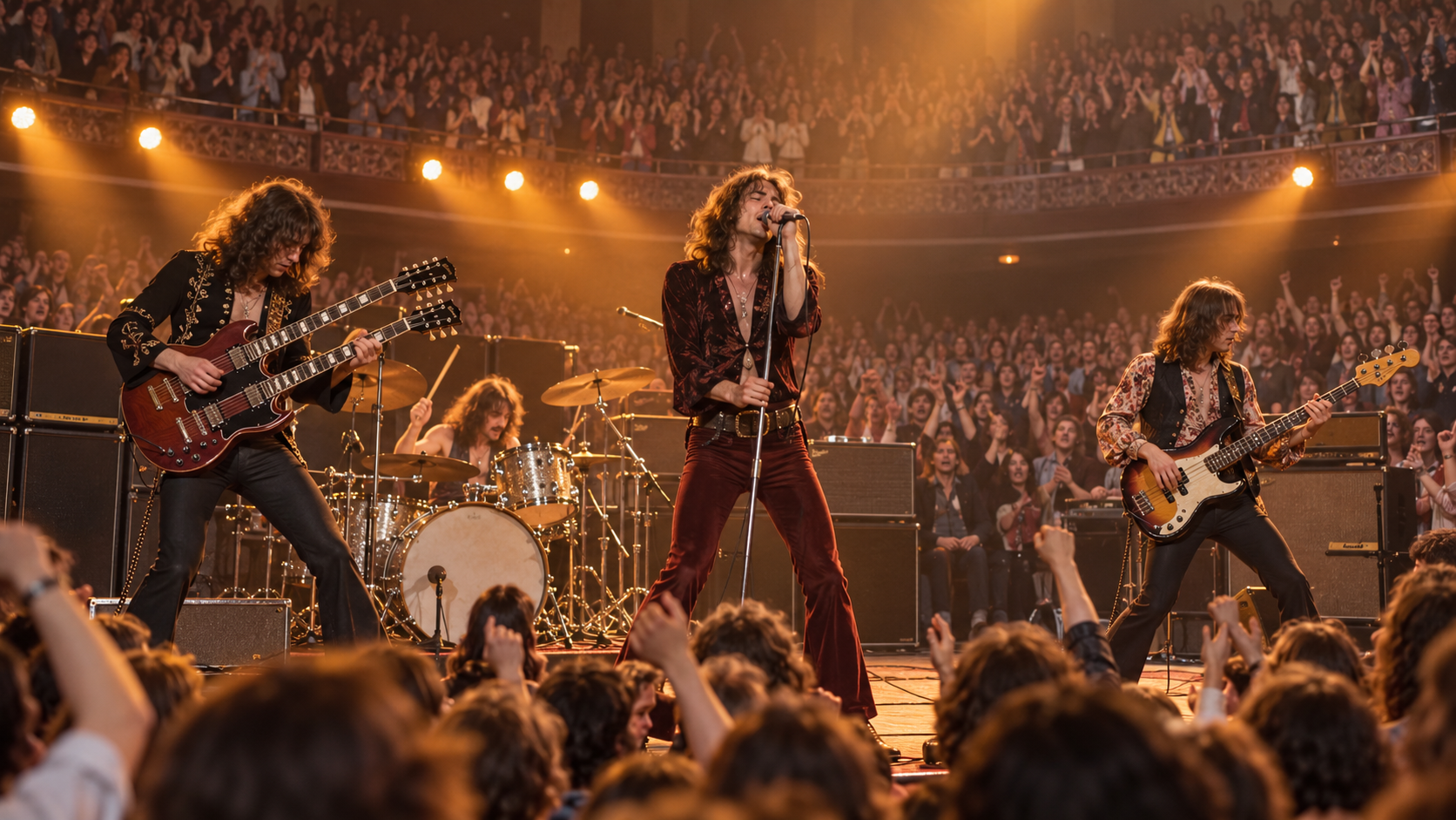 AI reconstruction: a powerful four-piece British rock band debuts an epic song at Belfast’s Ulster Hall in 1971, cinematic 16:9.
