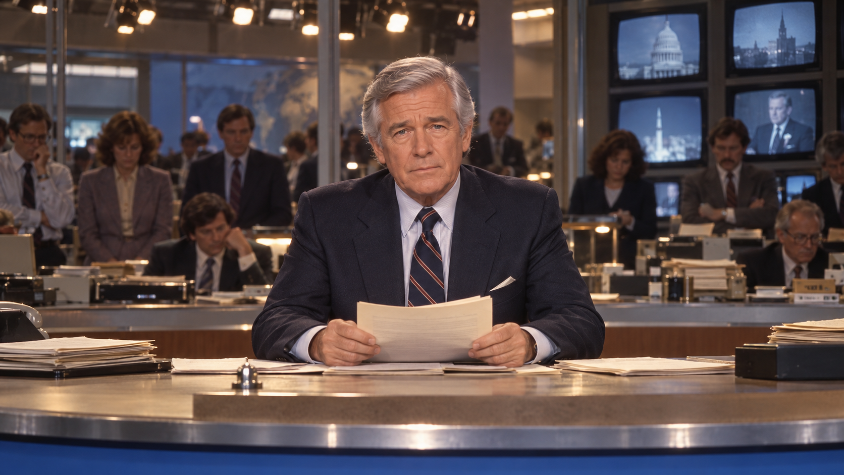 AI reconstruction: a silver-haired television news anchor delivers his final 1981 broadcast from an analog newsroom, cinematic 16:9.