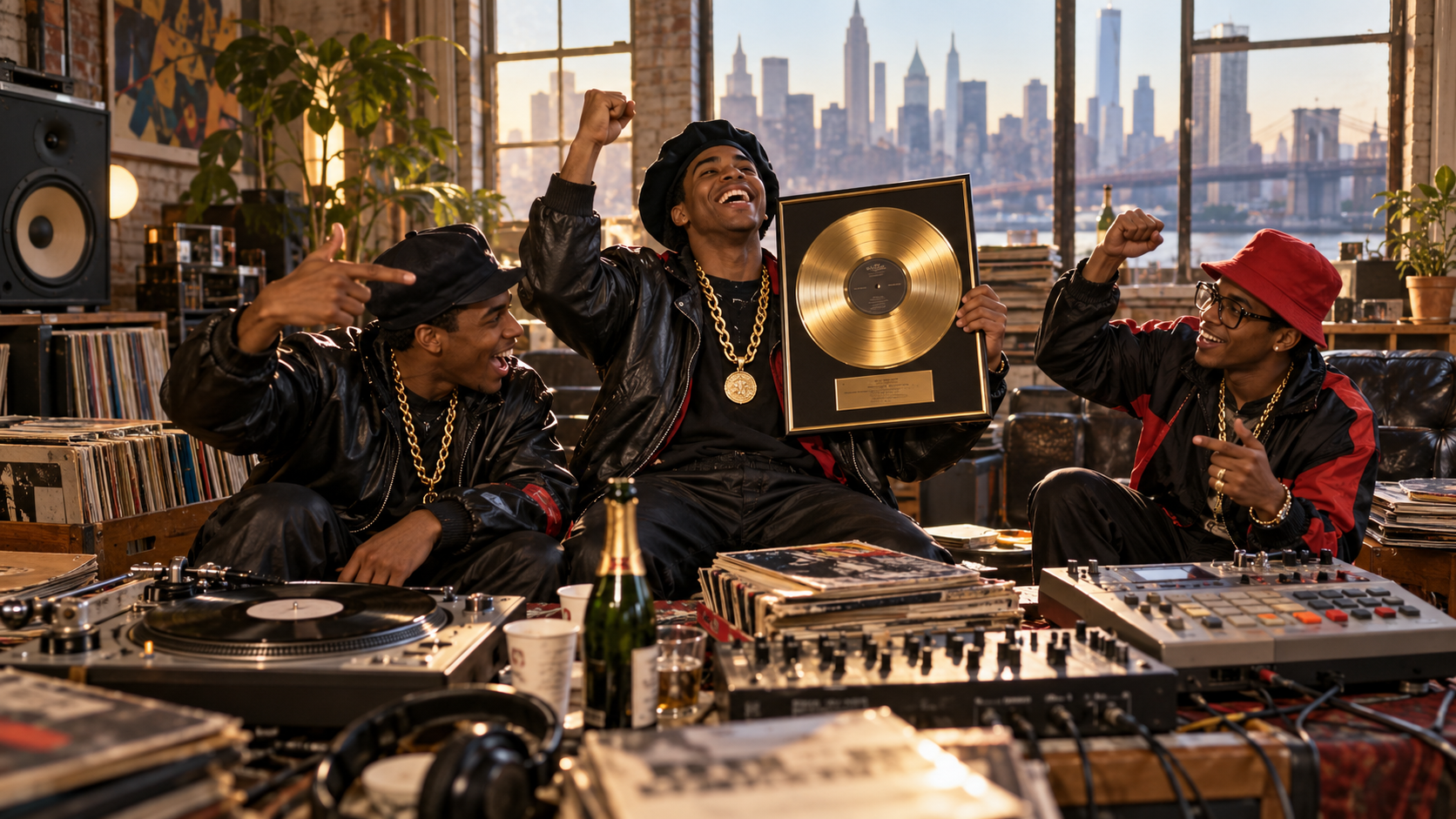 AI reconstruction: three young New York rap performers celebrate a historic 1987 album-chart breakthrough in a loft, cinematic 16:9.