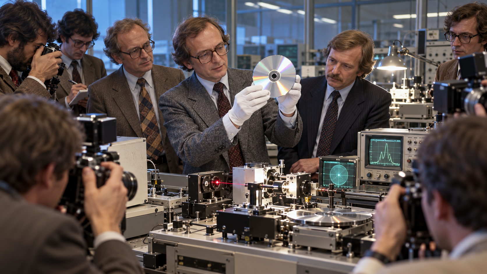 AI reconstruction: engineers demonstrate a gleaming compact-disc prototype to journalists in a 1979 Eindhoven laboratory, cinematic 16:9.