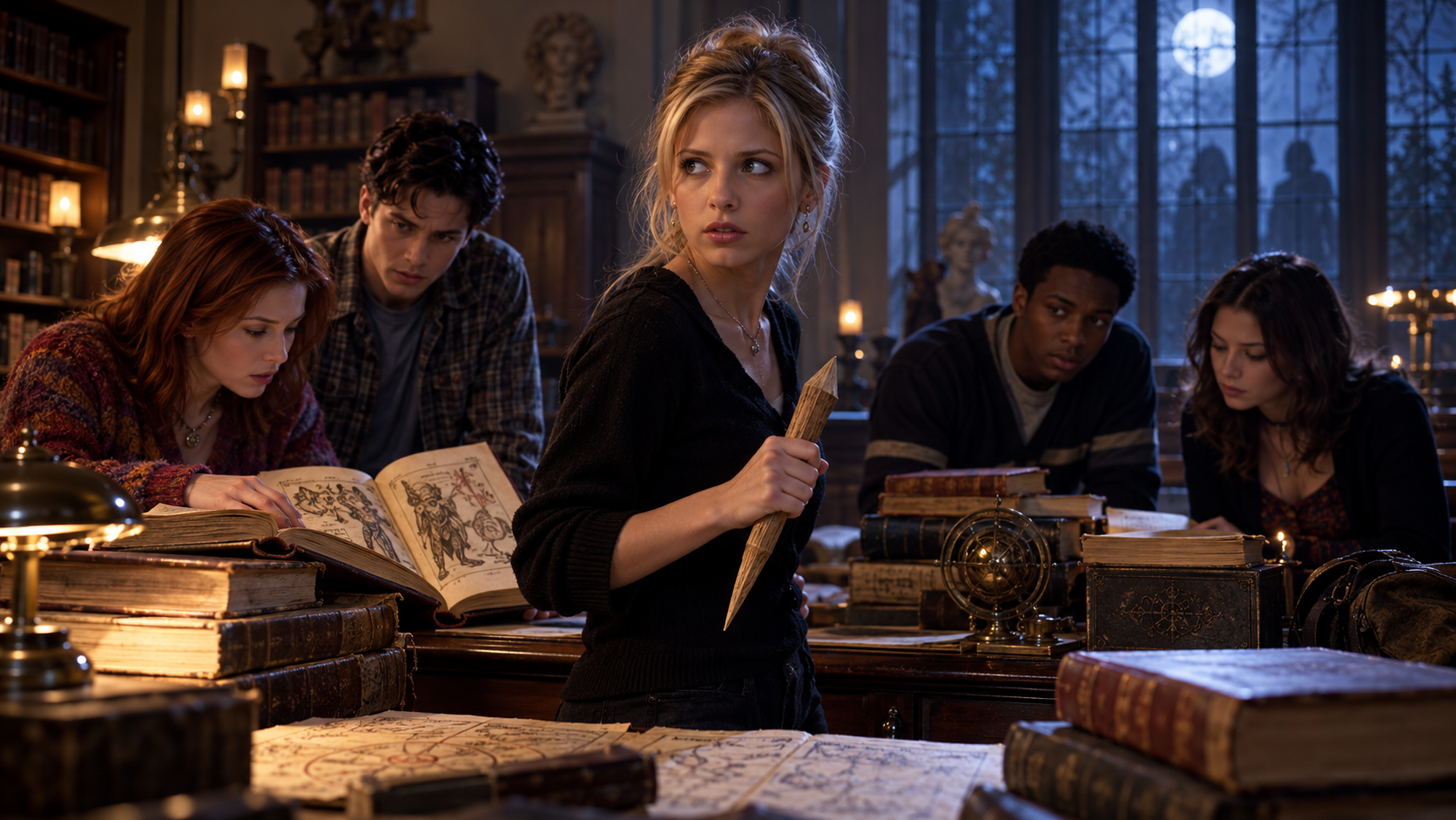 AI reconstruction: a young supernatural heroine and friends investigate danger in a moonlit 1997 high-school library, cinematic 16:9.