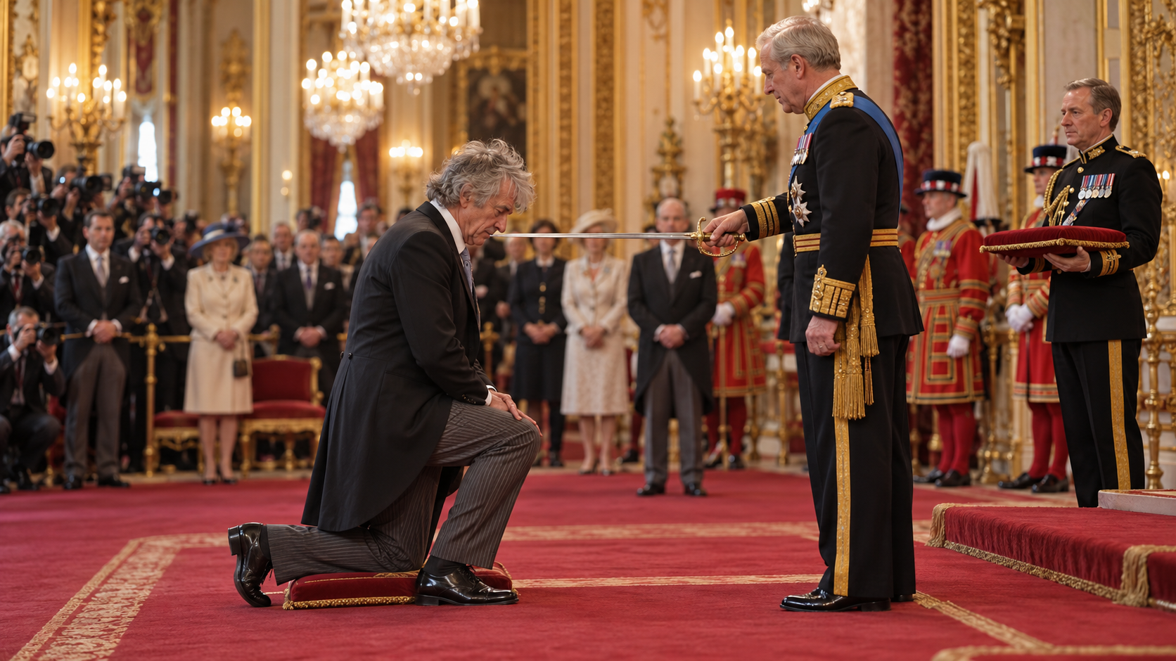 AI reconstruction: a British music legend receives a ceremonial knighthood in a grand palace in 1997, cinematic 16:9.