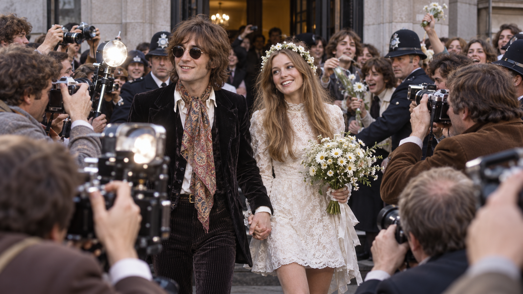 AI reconstruction: a newly married British musician and American photographer face a crush of London photographers in 1969, cinematic 16:9.