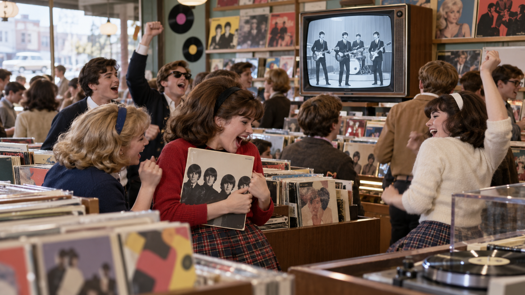 AI reconstruction: teenagers celebrate a British beat-group single reaching number one in a colorful 1965 American record shop, cinematic 16:9.