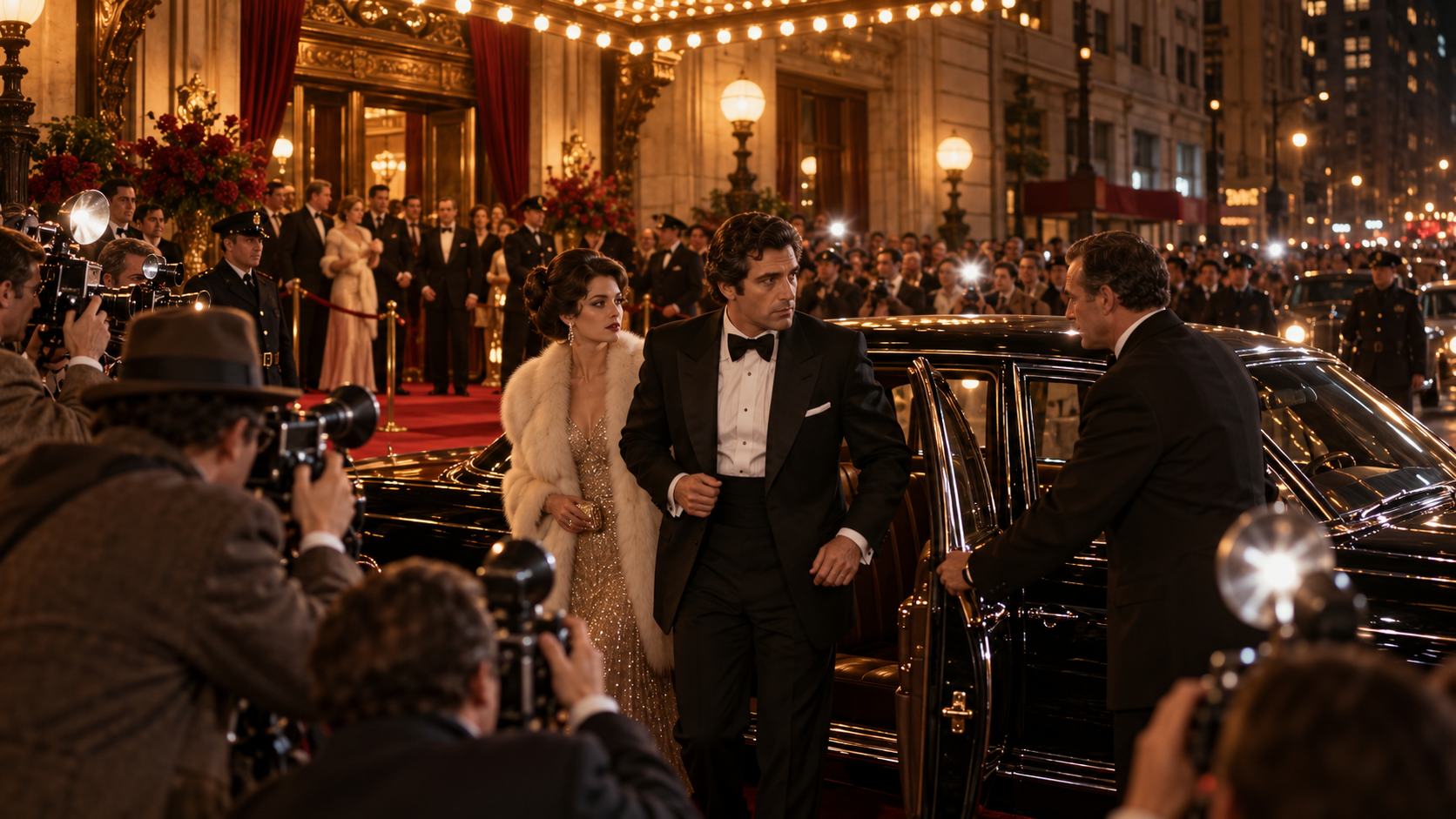 AI reconstruction: crowds and fictionalized stars arrive for a grand New York crime-film premiere in 1972, cinematic 16:9.