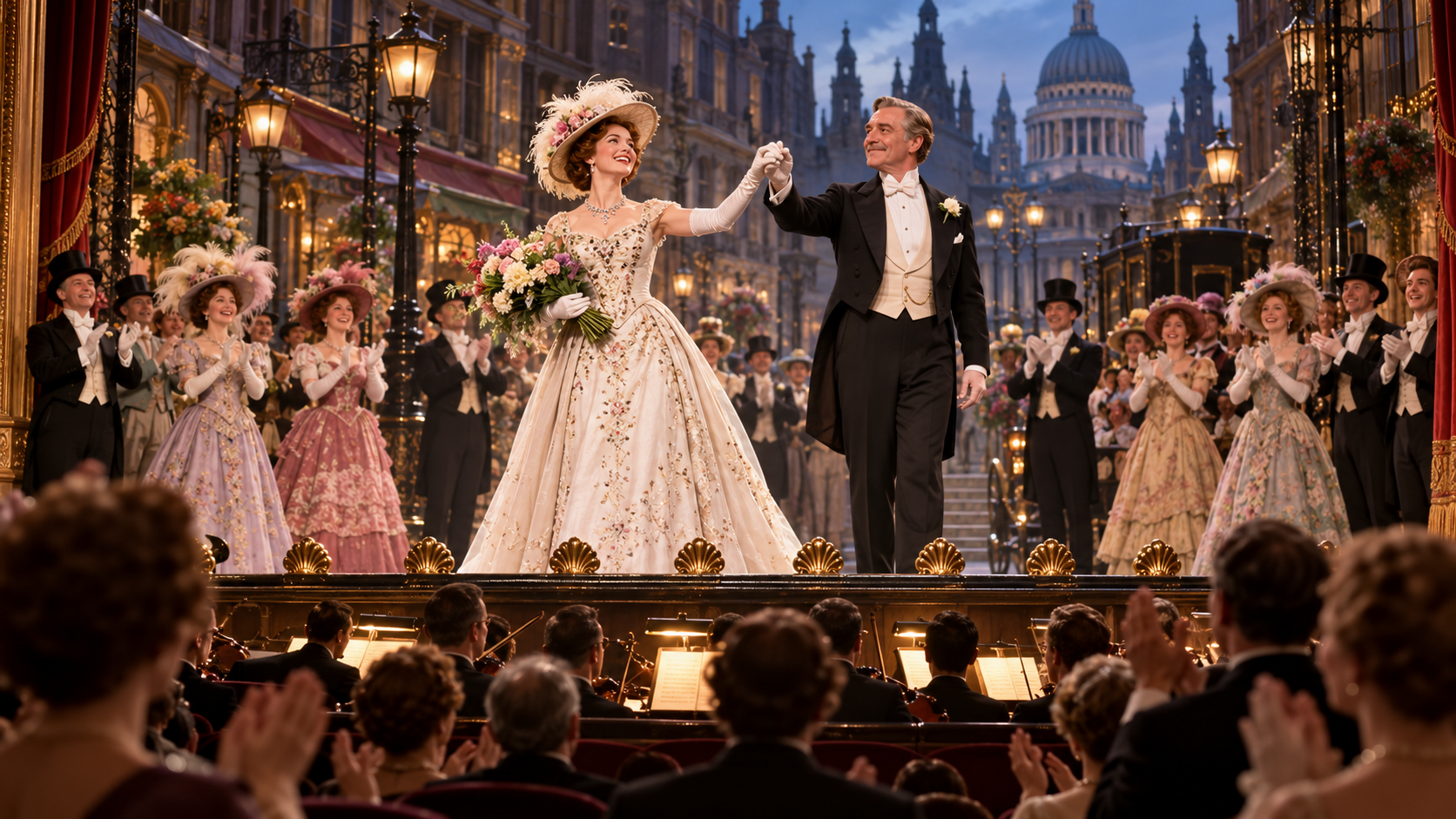 AI reconstruction: an Edwardian flower seller and professor take a lavish Broadway curtain call on opening night in 1956, cinematic 16:9.