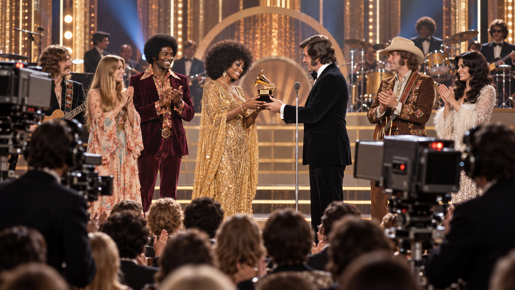 AI reconstruction: diverse musicians gather around a gramophone trophy during the first live televised Grammy ceremony in 1971, cinematic 16:9.