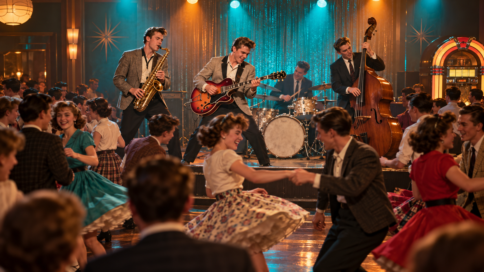 AI reconstruction: a saxophone-led instrumental rock band sends teenagers dancing in a lively 1958 hall, cinematic 16:9.
