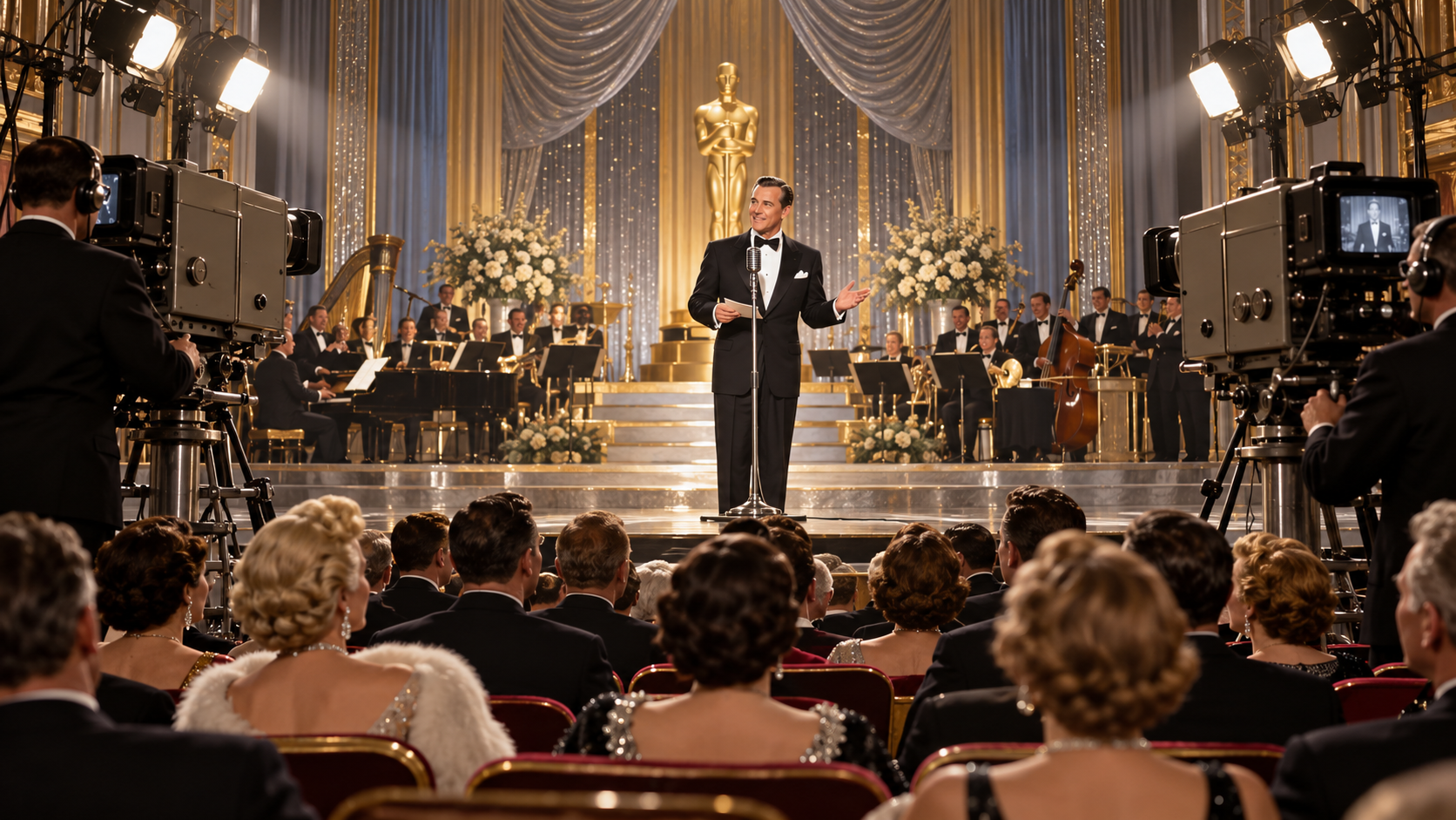 AI reconstruction: bulky live television cameras capture an elegant 1953 awards ceremony before a glamorous audience, cinematic 16:9.