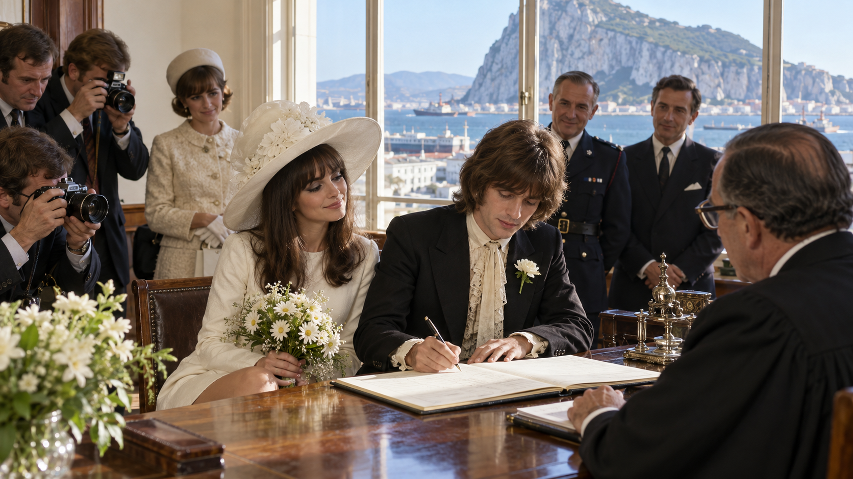 AI reconstruction: an avant-garde artist and rock musician marry in a sunlit Gibraltar civil office in 1969, cinematic 16:9.