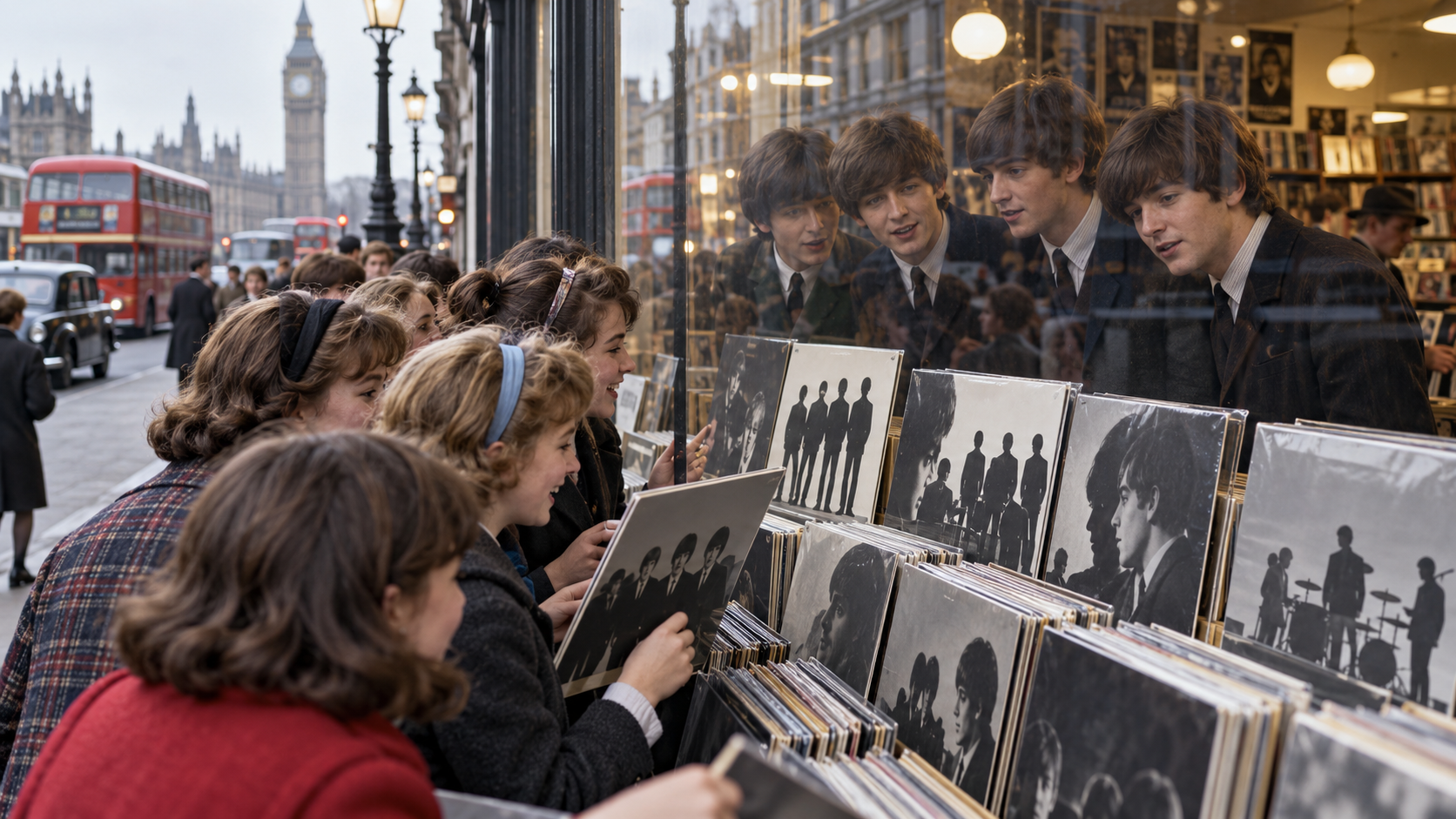 AI reconstruction: excited fans browse a young British beat group’s debut LP in a London record shop in 1963, cinematic 16:9.