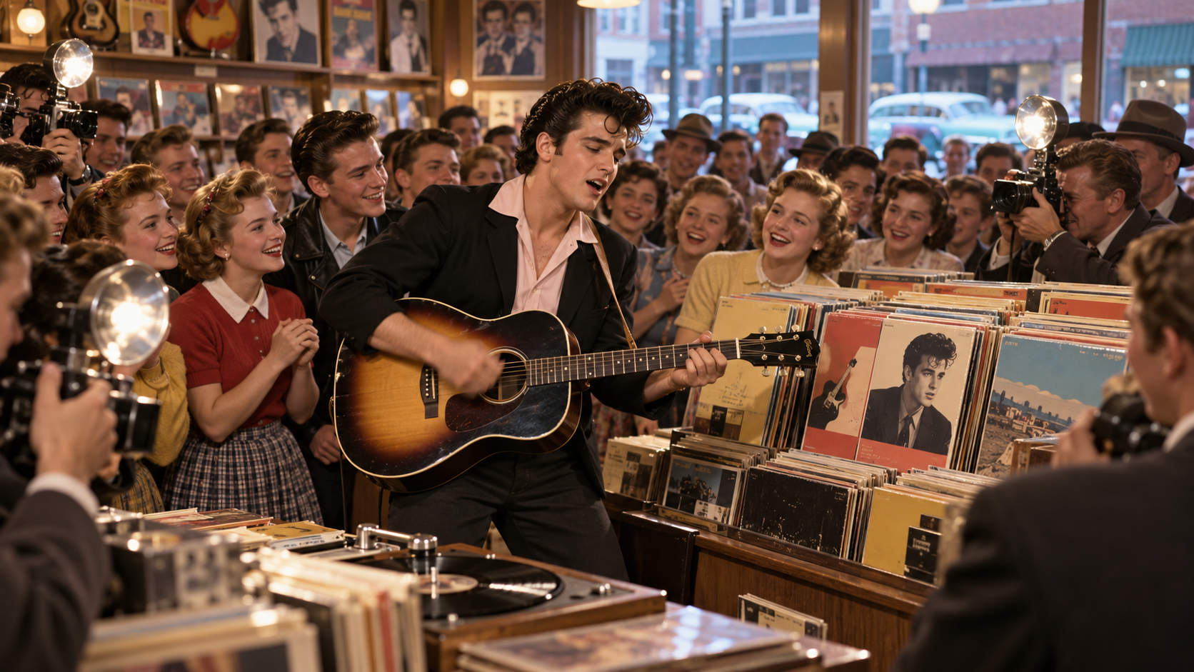 AI reconstruction: a young rock-and-roll singer performs beside his new debut LP display in a crowded 1956 Memphis record shop, cinematic 16:9.