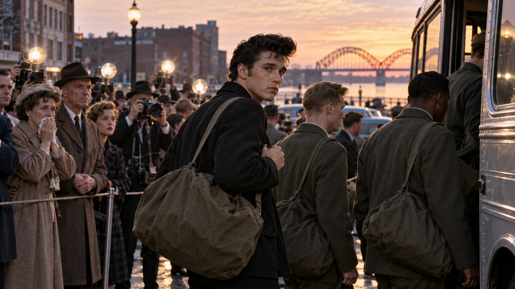 AI reconstruction: a young rock-and-roll star joins other Army recruits at a Memphis draft board in 1958, cinematic 16:9.