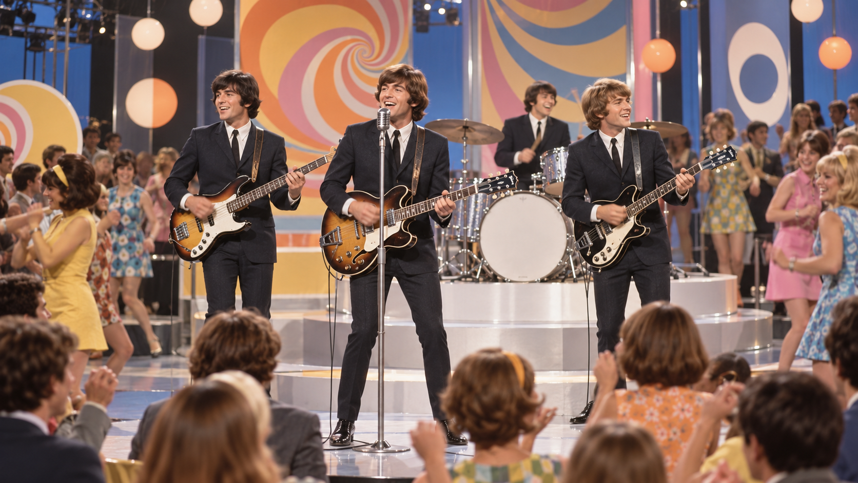 AI reconstruction: a sunshine-pop band performs a joyful number-one hit on a colorful 1967 television stage, cinematic 16:9.