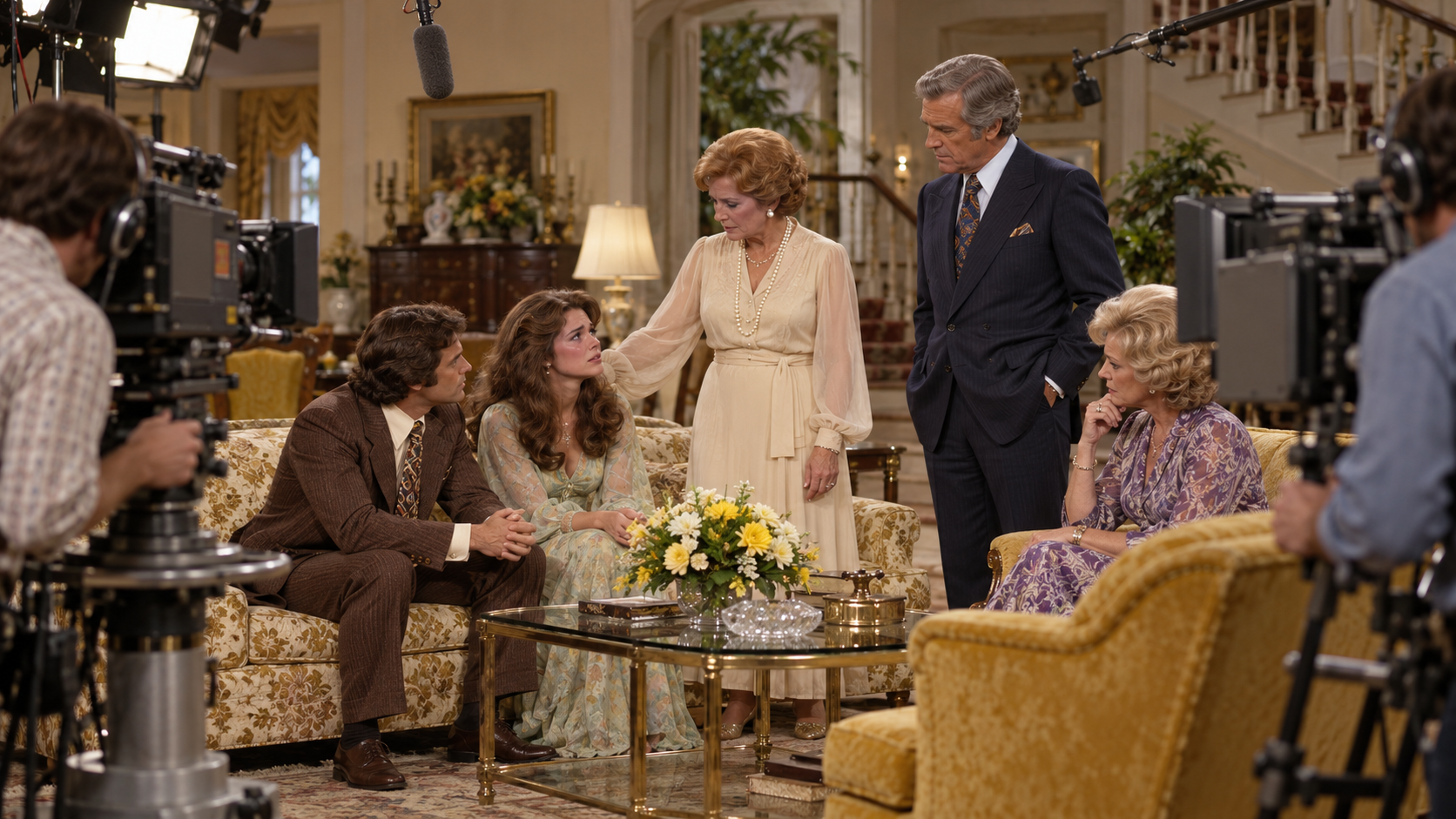 AI reconstruction: a 1973 television crew films emotional family drama in an elegant Midwestern living room, cinematic 16:9.
