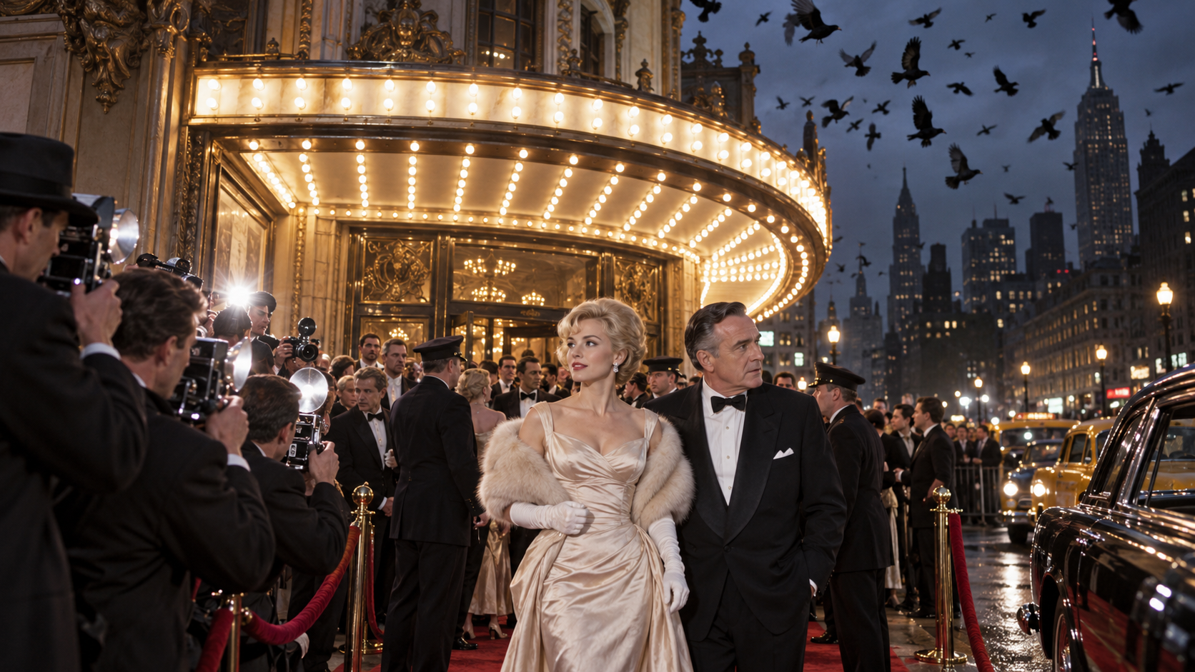 AI reconstruction: a flock circles above an elegant New York suspense-film premiere crowd in 1963, cinematic 16:9.