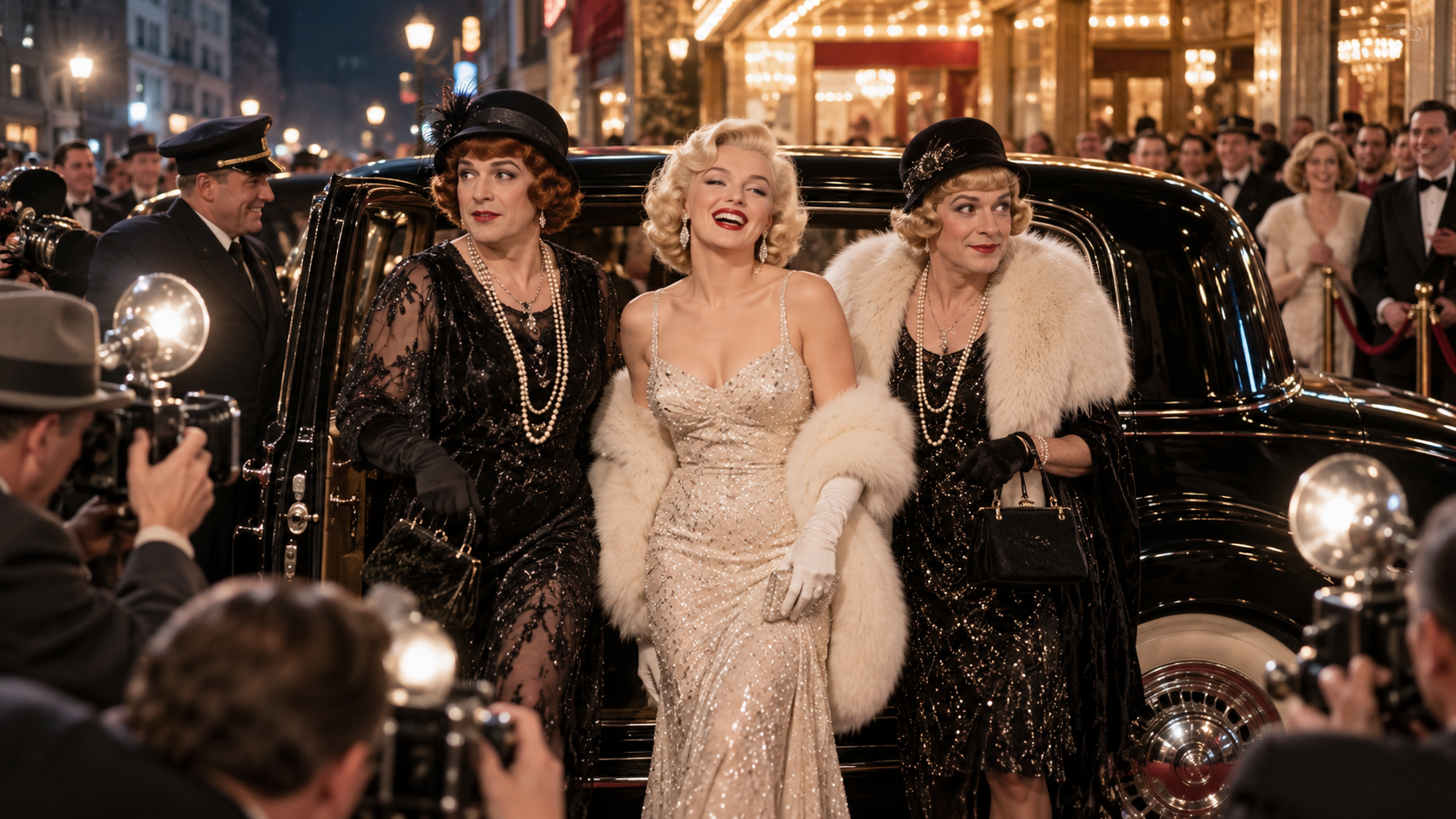 AI reconstruction: fictional stars arrive at a glamorous 1959 New York opening for a jazz-age comedy, cinematic 16:9.