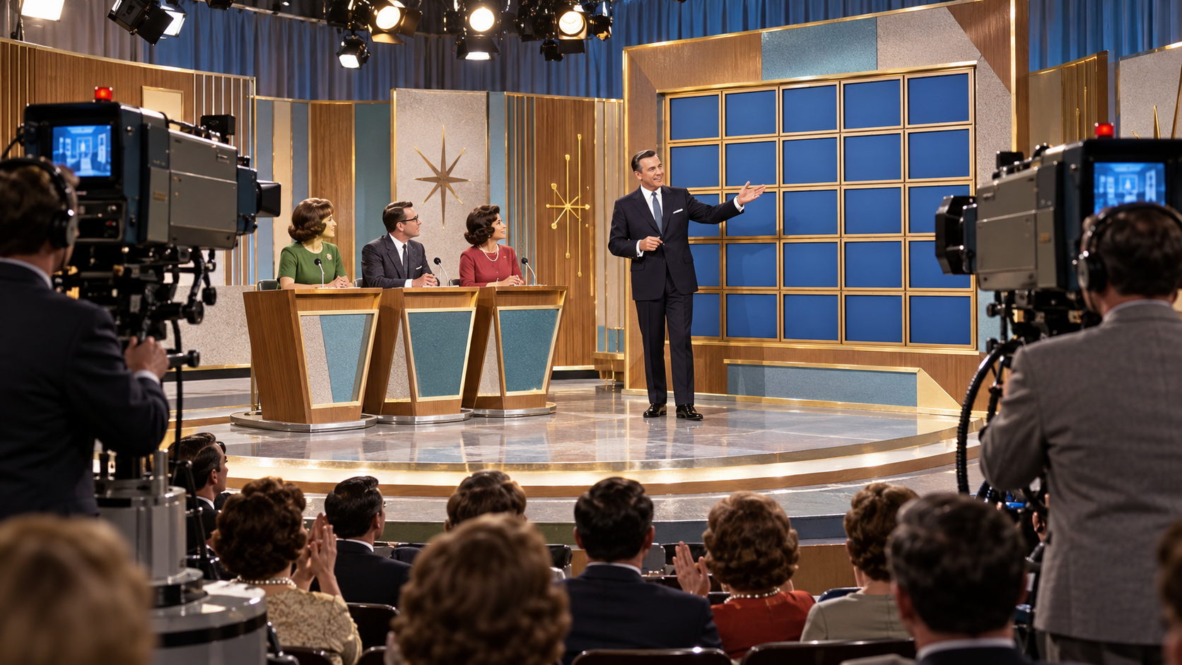 AI reconstruction: three contestants and a confident host record the first episode of a colorful 1964 quiz show, cinematic 16:9.