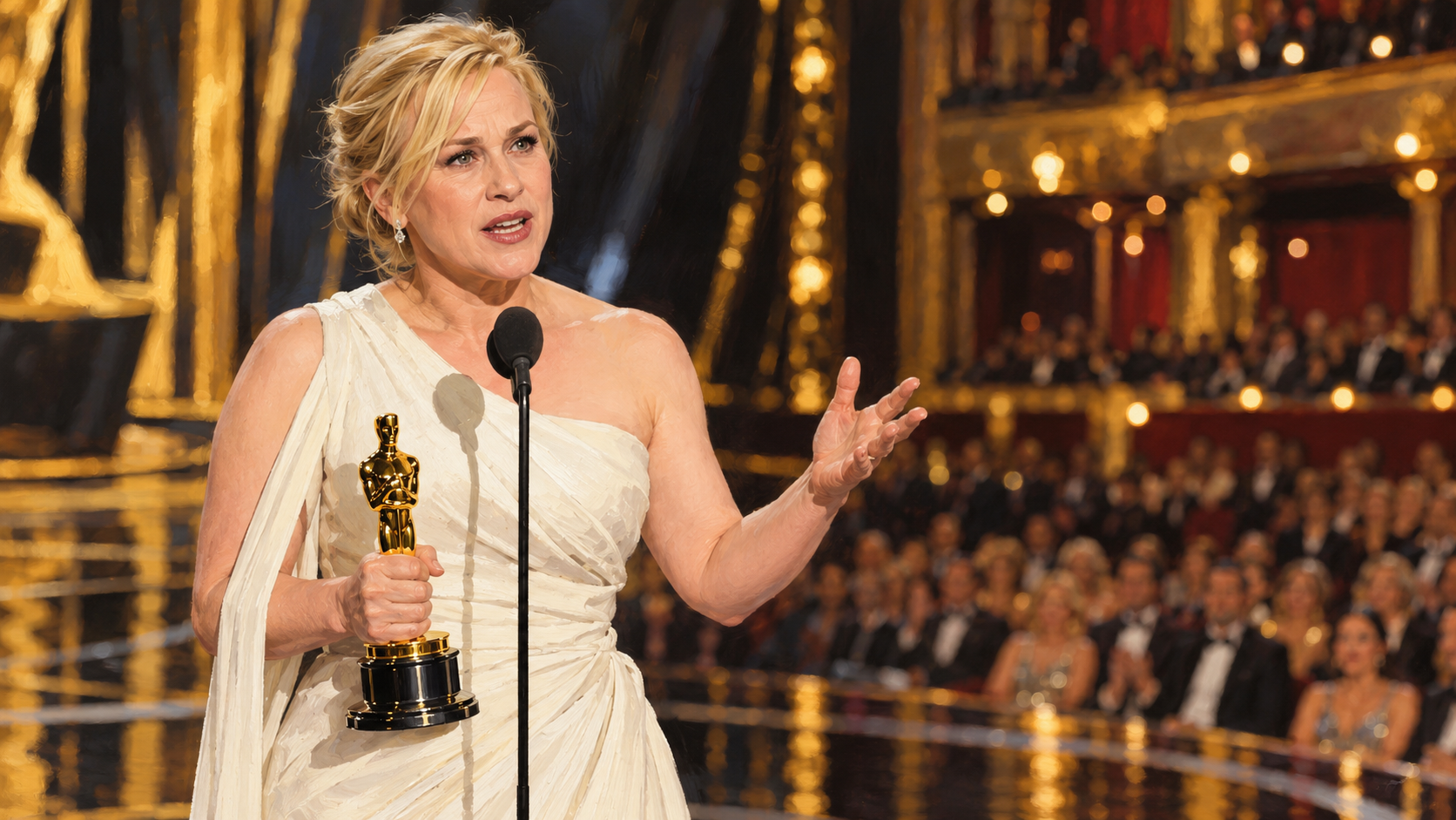 AI-generated editorial portrait of Patricia Arquette making an impassioned Academy Awards speech.