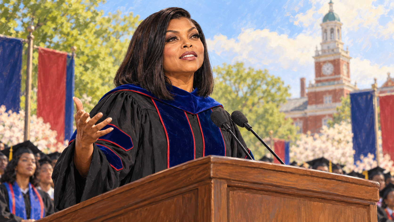 AI-generated editorial portrait of Taraji P. Henson delivering an inspiring Howard University commencement address.