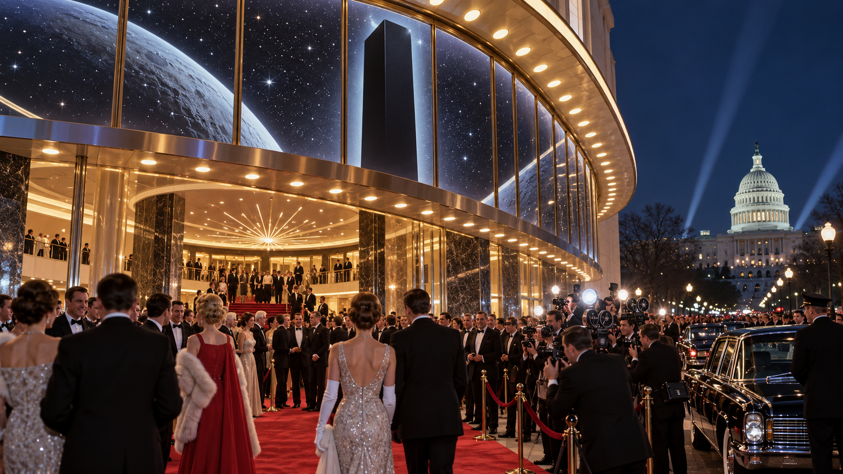 AI reconstruction of a glamorous 1968 Washington film premiere with futuristic space imagery.