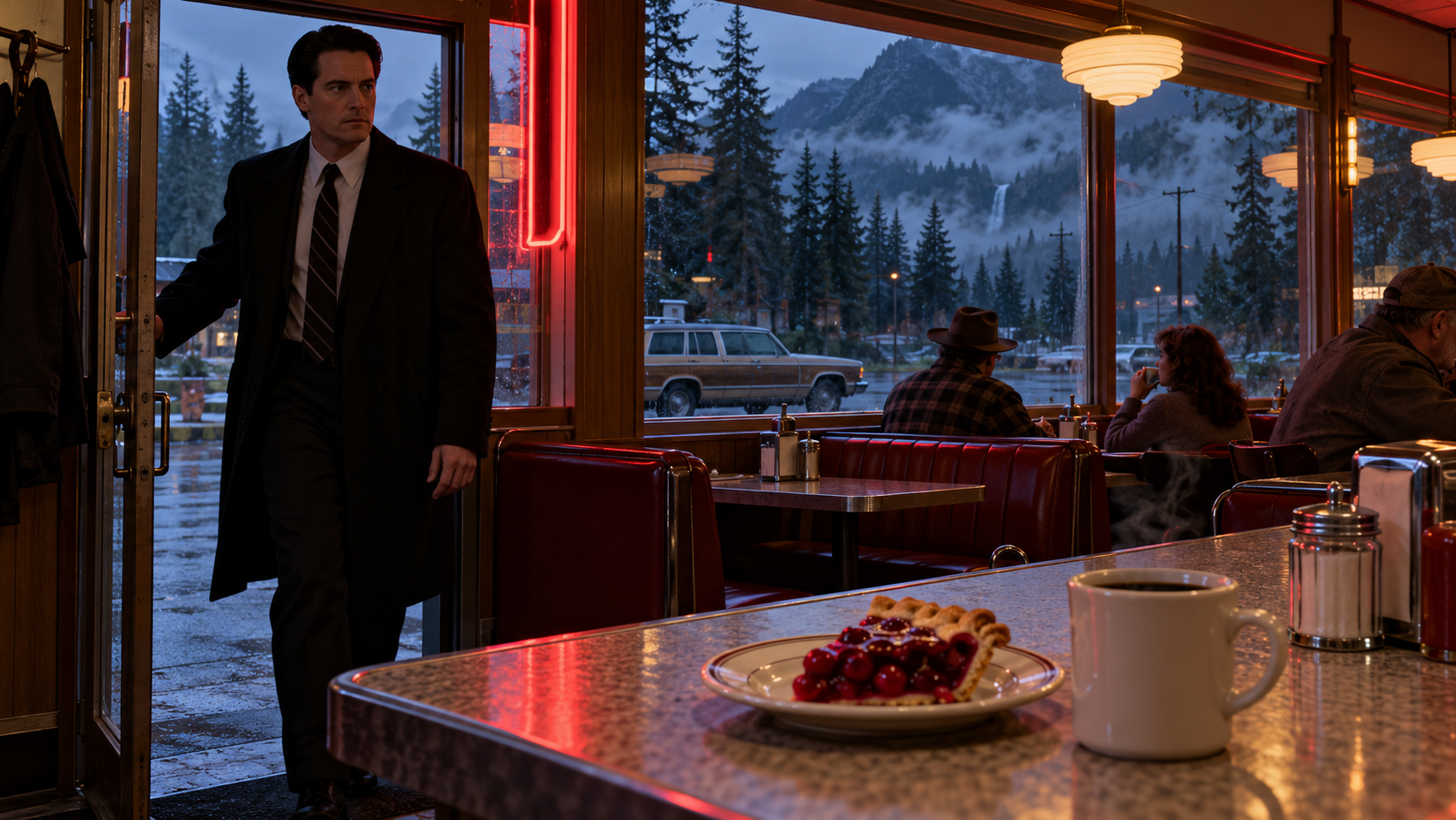 AI reconstruction of a moody 1990 Pacific Northwest mystery with a suited detective in a diner.