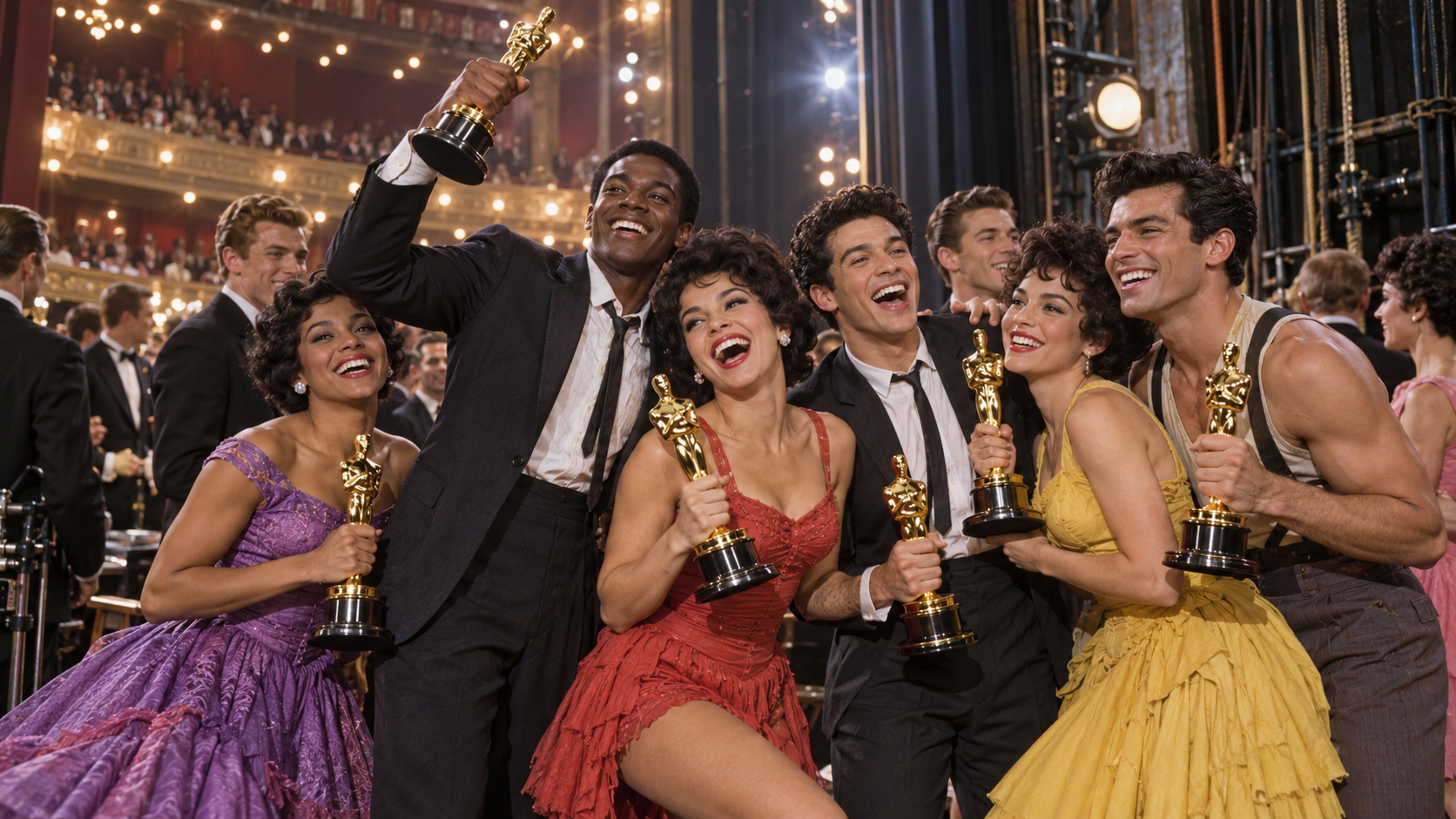 AI reconstruction of a jubilant 1962 musical cast celebrating an awards-night triumph.