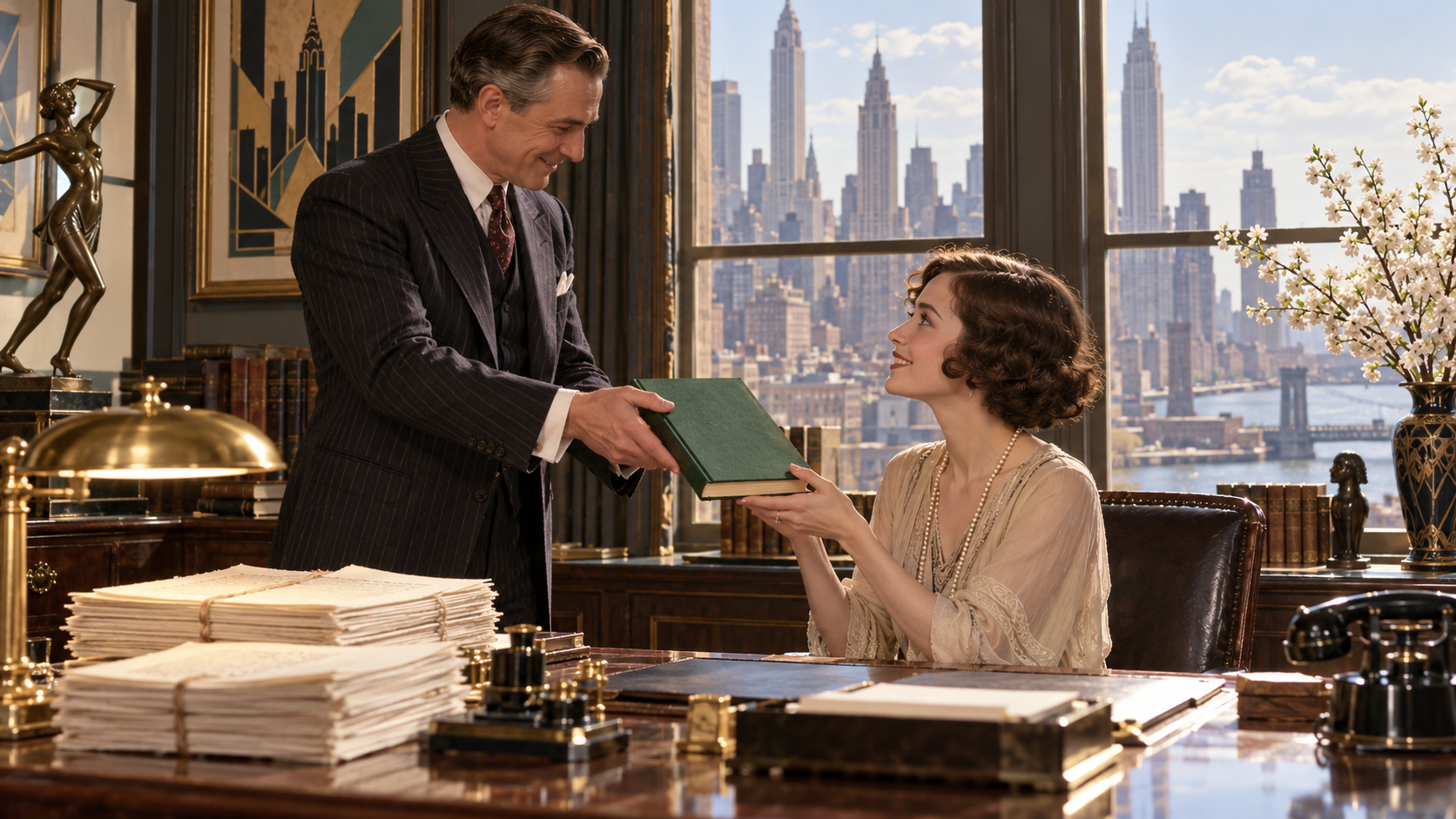 AI reconstruction of a Jazz Age publisher presenting a newly bound novel to its author.