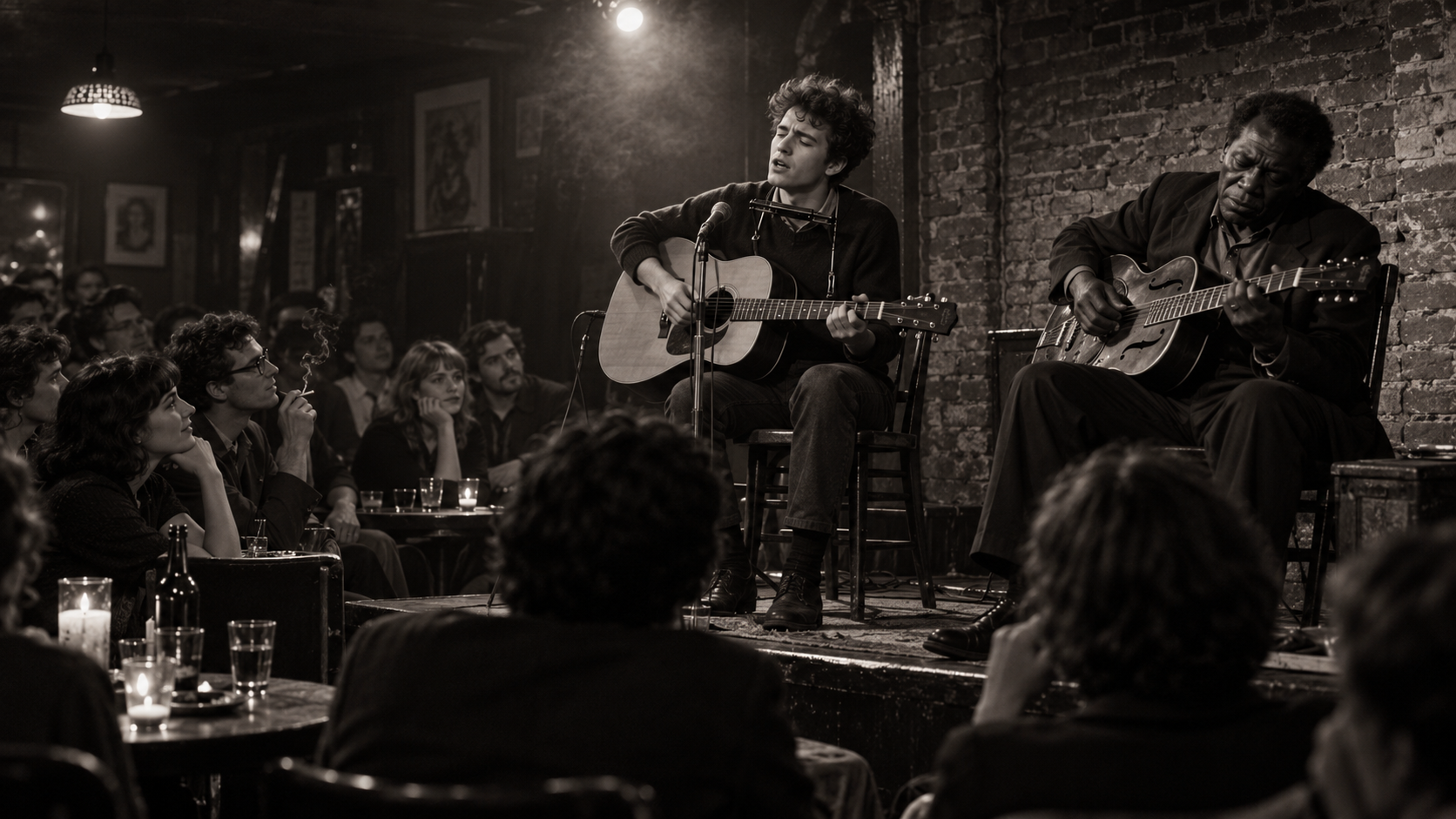 AI reconstruction of a young folk singer opening for a blues guitarist in a 1961 Greenwich Village club.