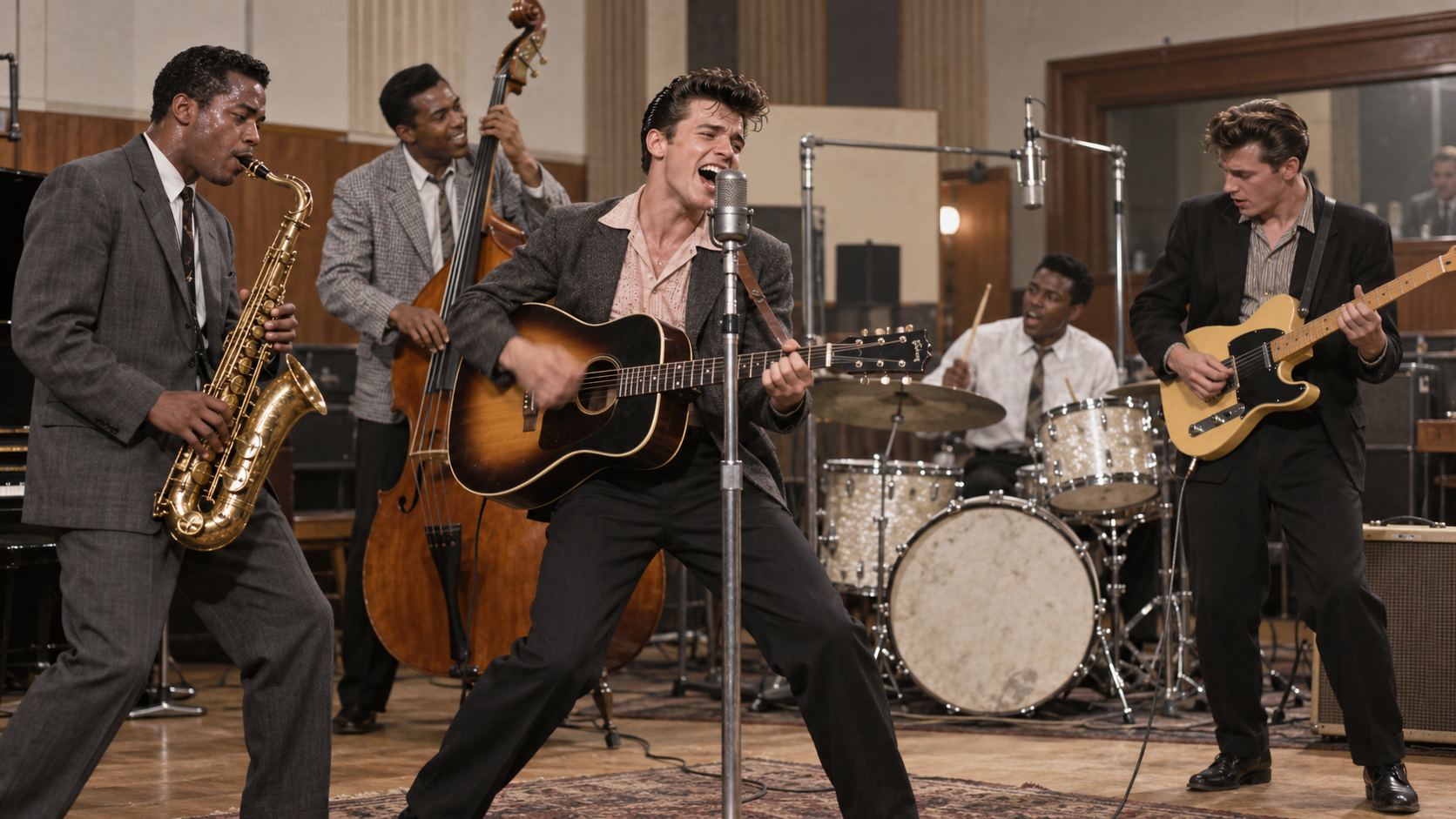 AI reconstruction of an energetic 1954 rock-and-roll recording session in New York.