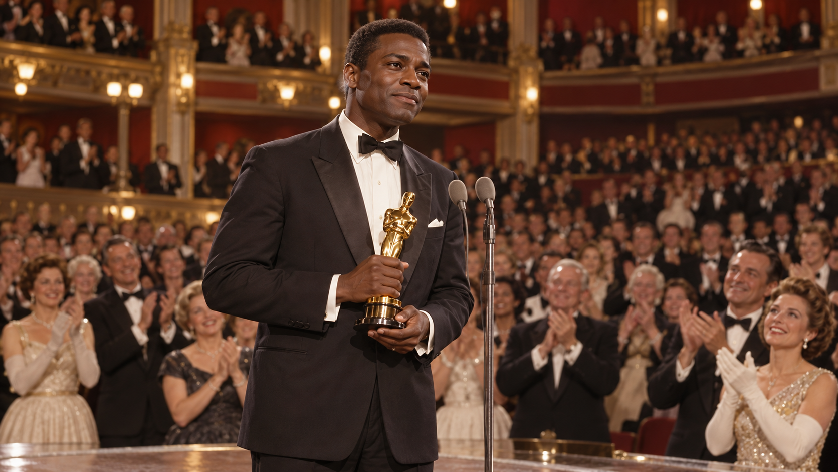 AI reconstruction of a poised Black actor receiving a historic Best Actor award in 1964.