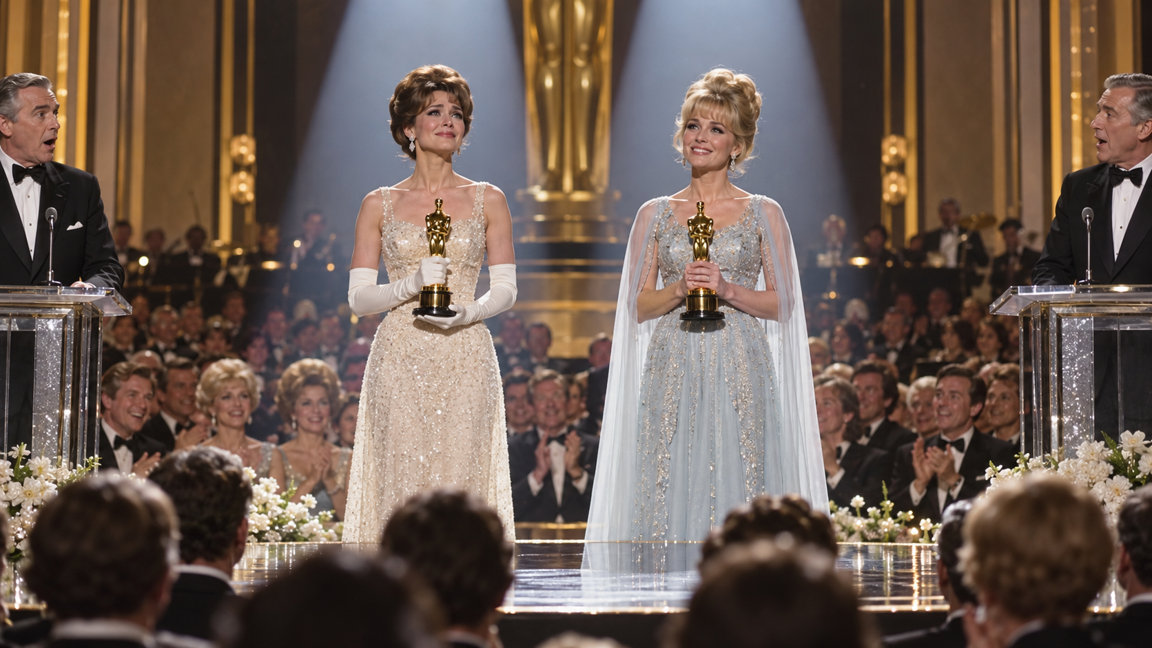 AI reconstruction of two identical acting trophies under parallel spotlights at the 1969 Oscars.